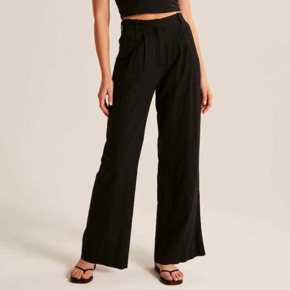 Abercrombie & Fitch Black Linen Blend Wide Leg Pleated Trousers High Rise Size 8